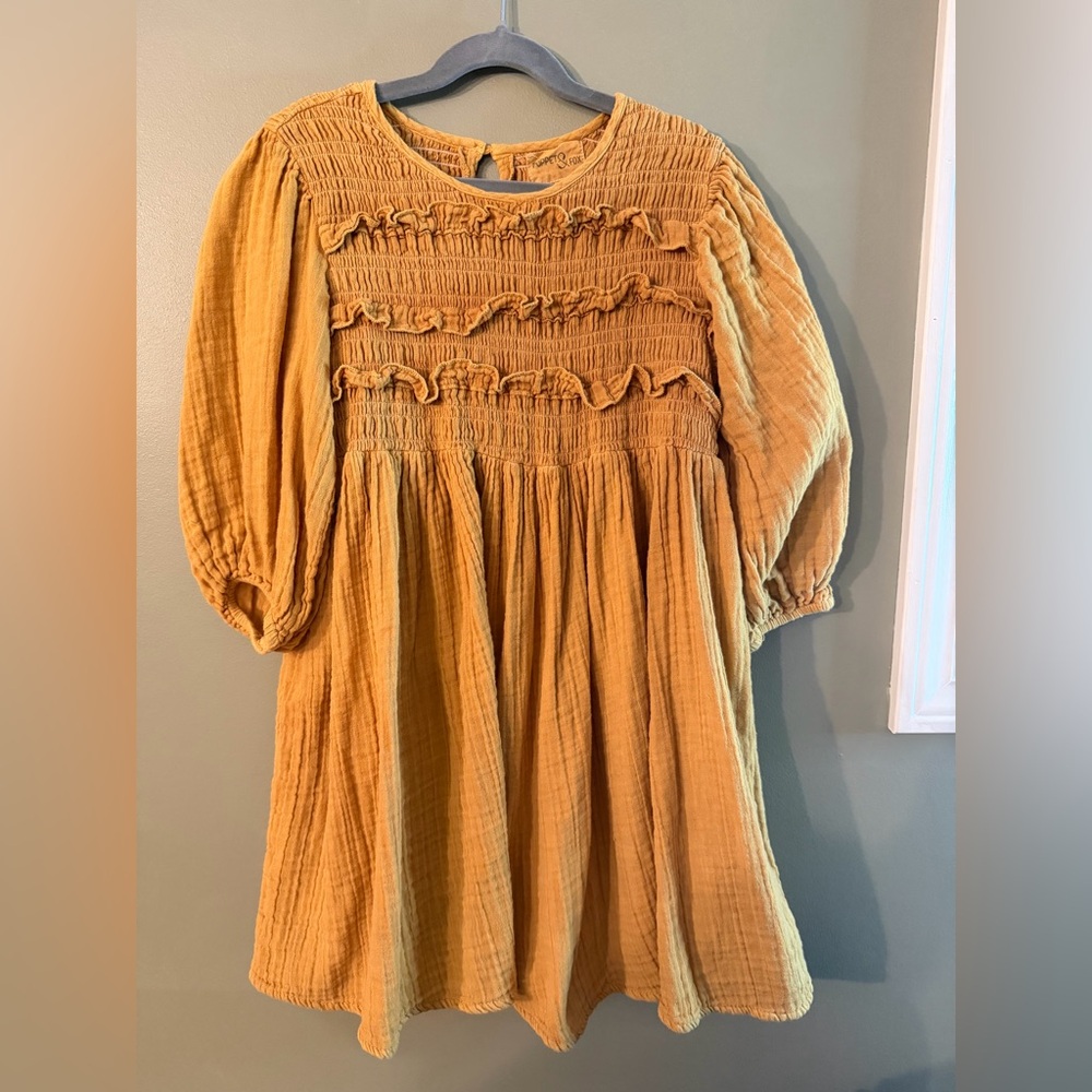 Girls' Smocked Mustard Cotton-Blend Casual Dress